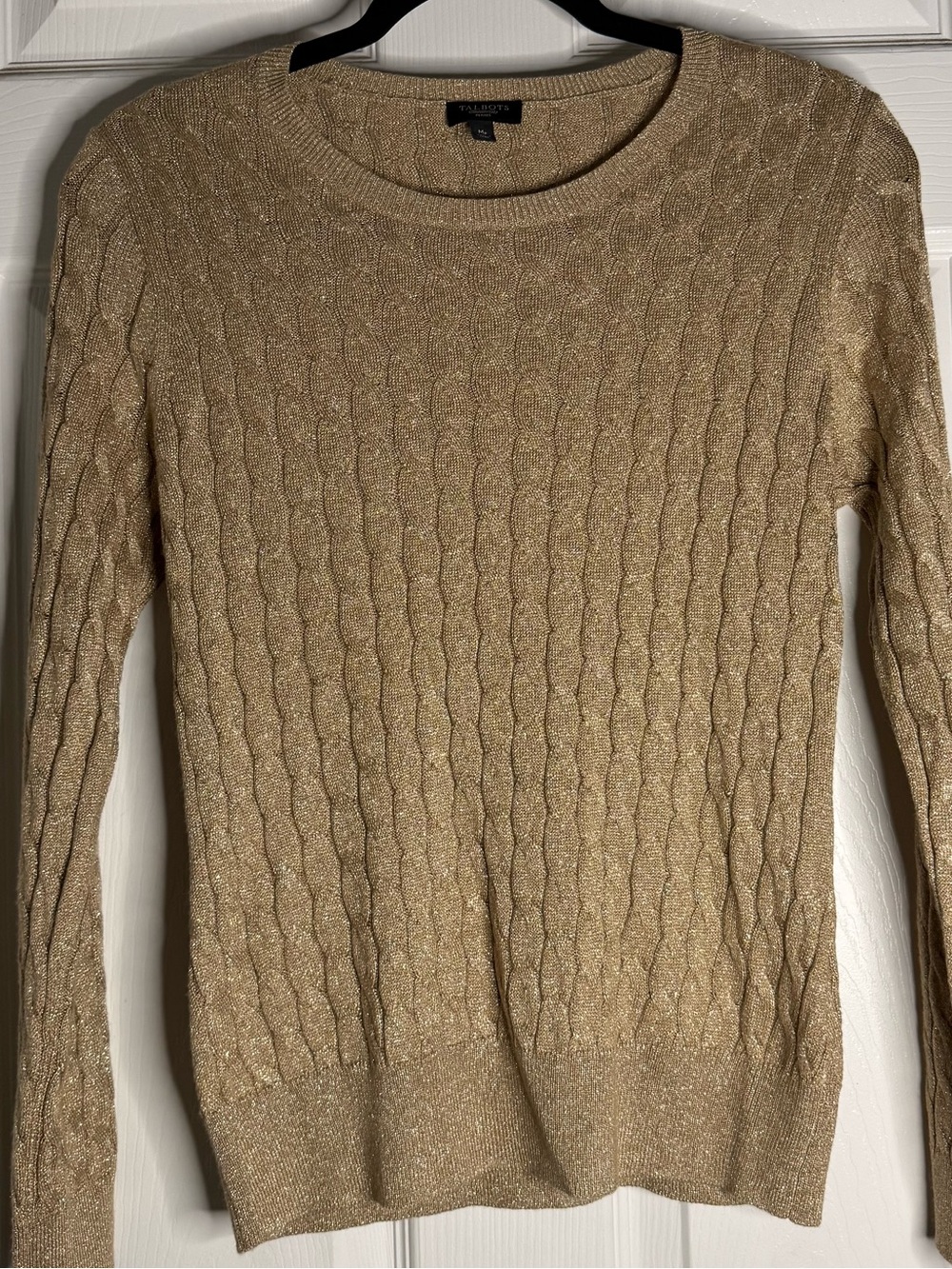 Talbots Sweater Medium Petite Gold Beige Cable Knit Sparkly Preppy Academia